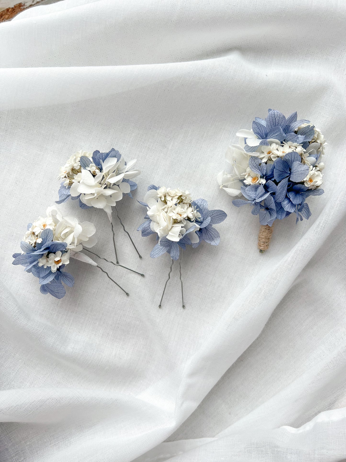 Dusty Blue Dried Daisy Hair Pins and Grooms Buttonhole Wedding set
