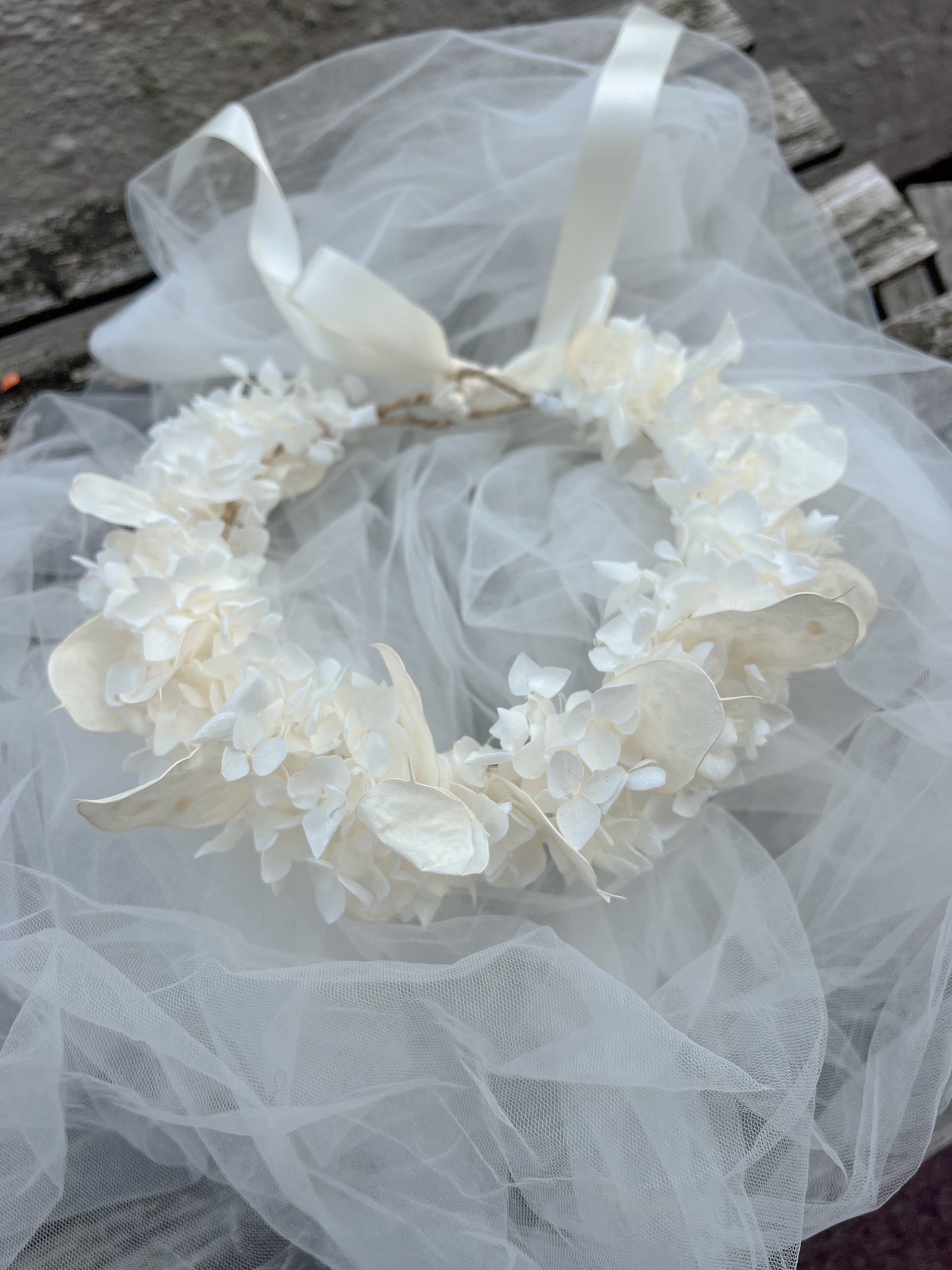 Ivory Floral Headband with Ivory Hydrangeas and Lunaria | Dried Honesty Flower Crown