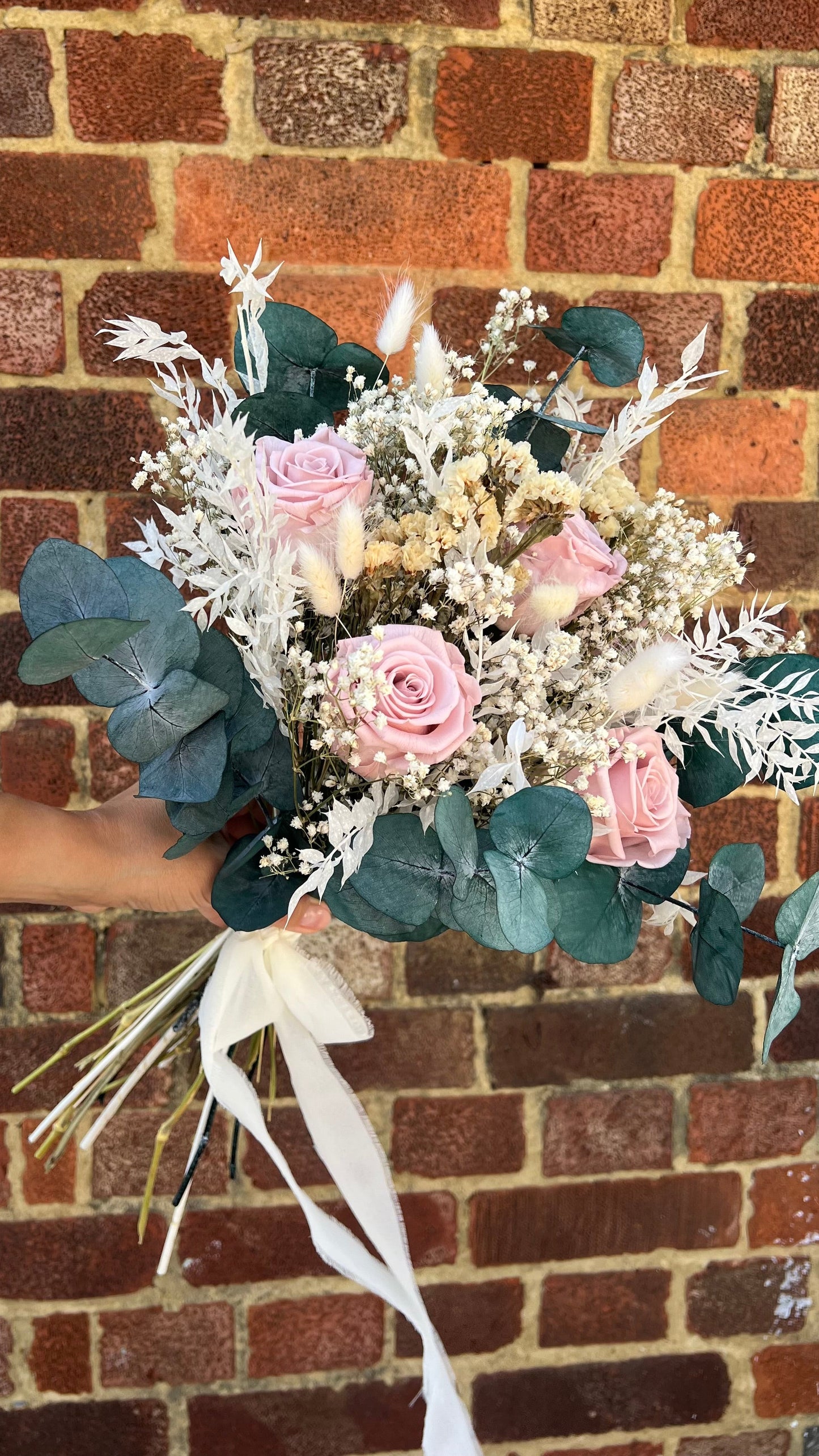 Pink Bridal Bouquet with Roses, Gypsophila and Eucalyptus