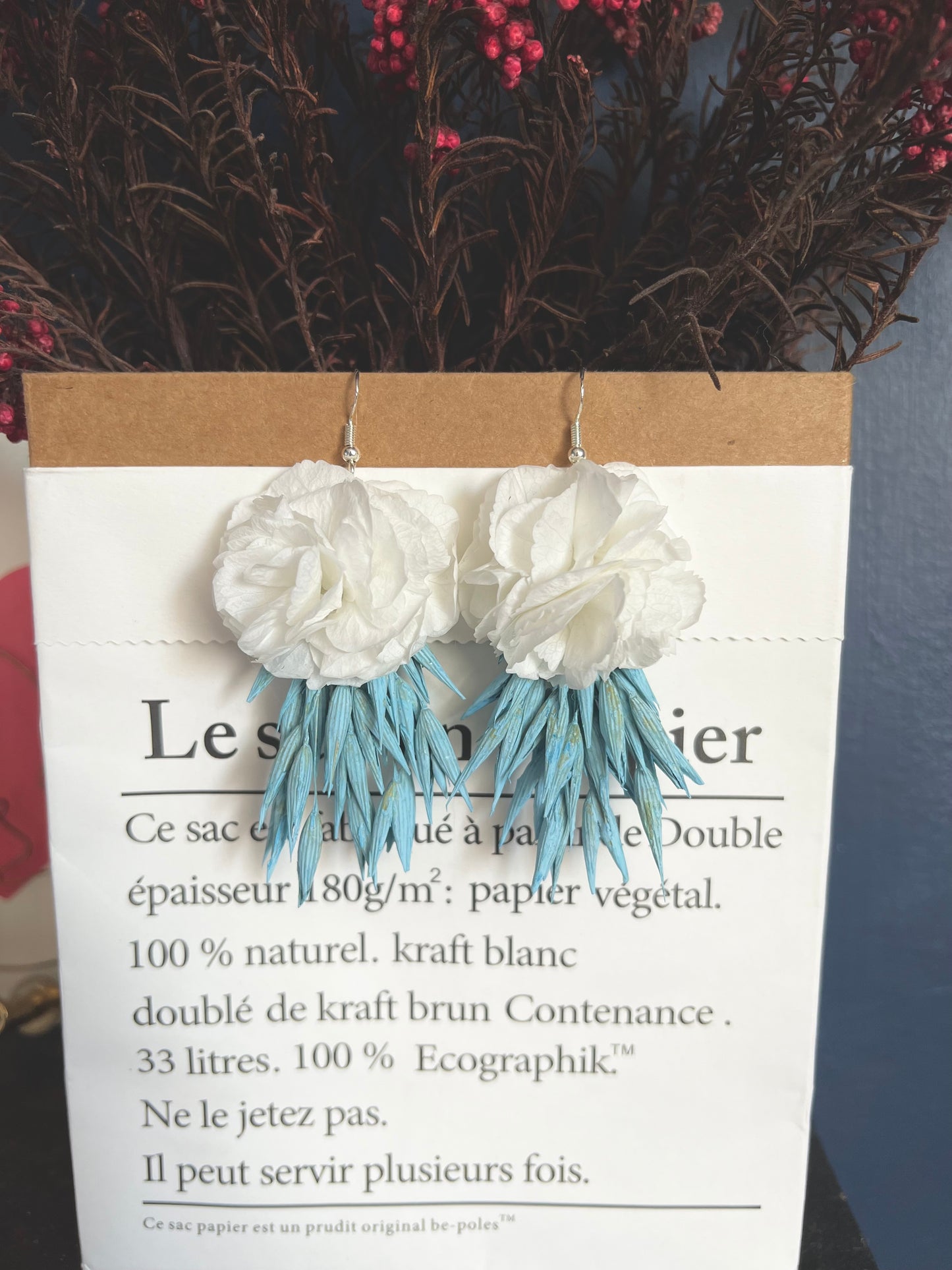 Blue and White Floral Earrings, Dried Flower Bridal Earrings, Summer Wedding, White Hydrangea Flower Earrings, Handmade Beach Jewellery