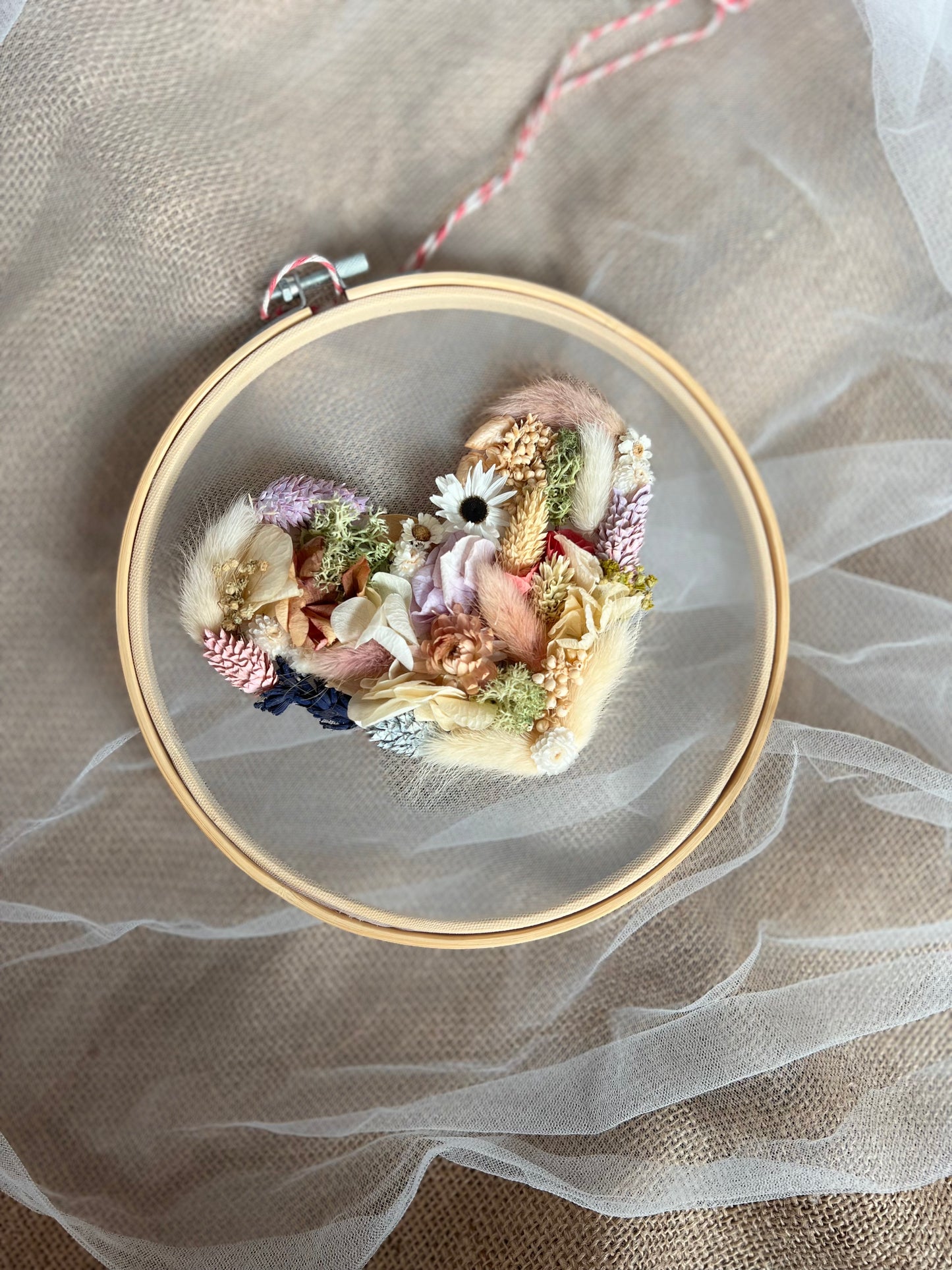 Dried Flower Wall Art Pink, Personalized Embroidery Botanical Art Hoop, Boho House Decor, Flowers on Tulle Heart, Mothers Day, Birthday Gift
