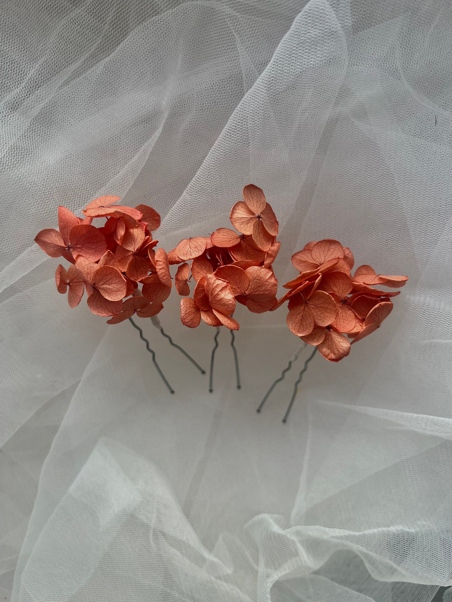 Coral Orange Preserved Hydrangea Hair Pins