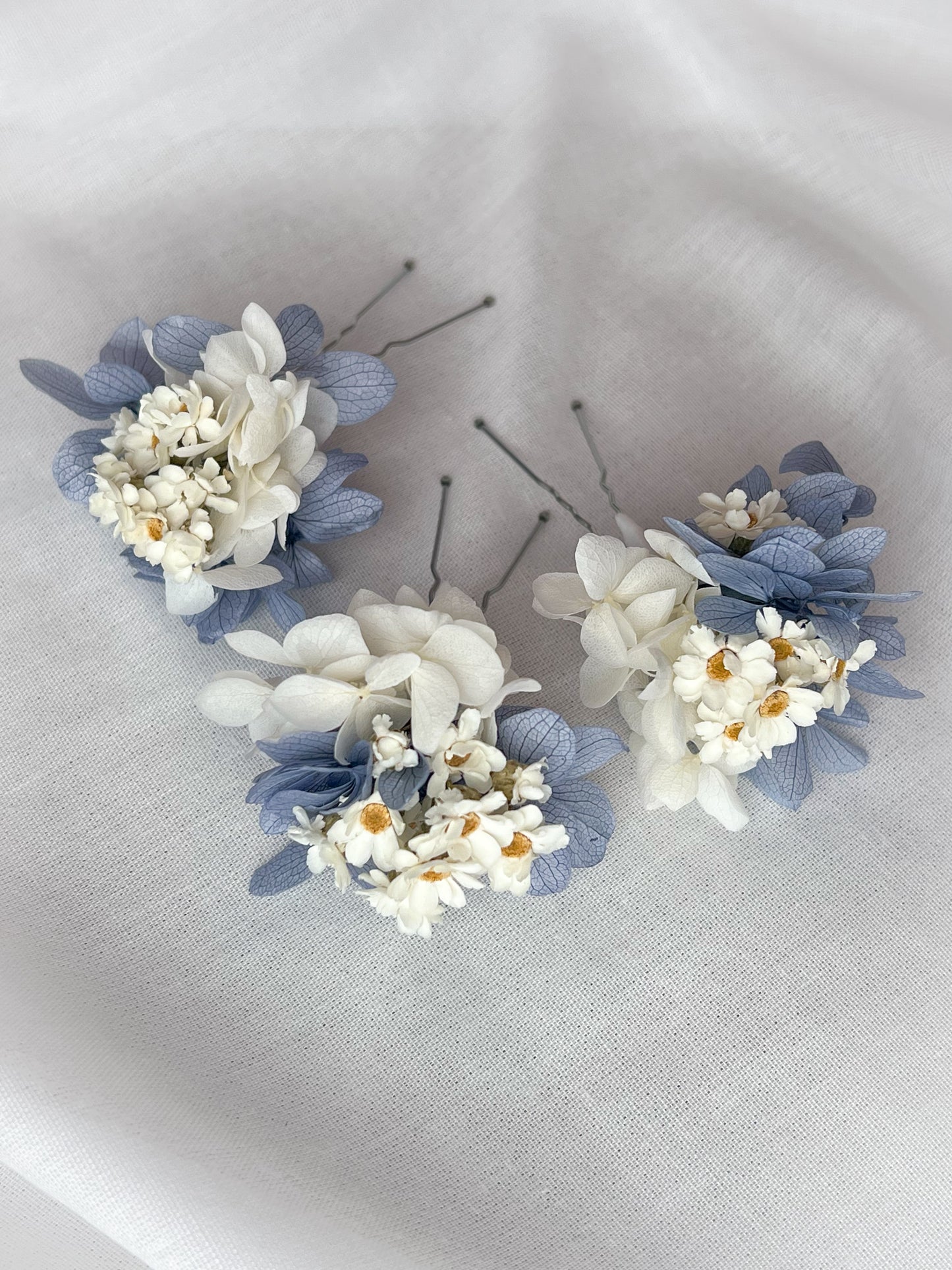 Dusty Blue Dried Daisy Hair Pins and Grooms Buttonhole Wedding set
