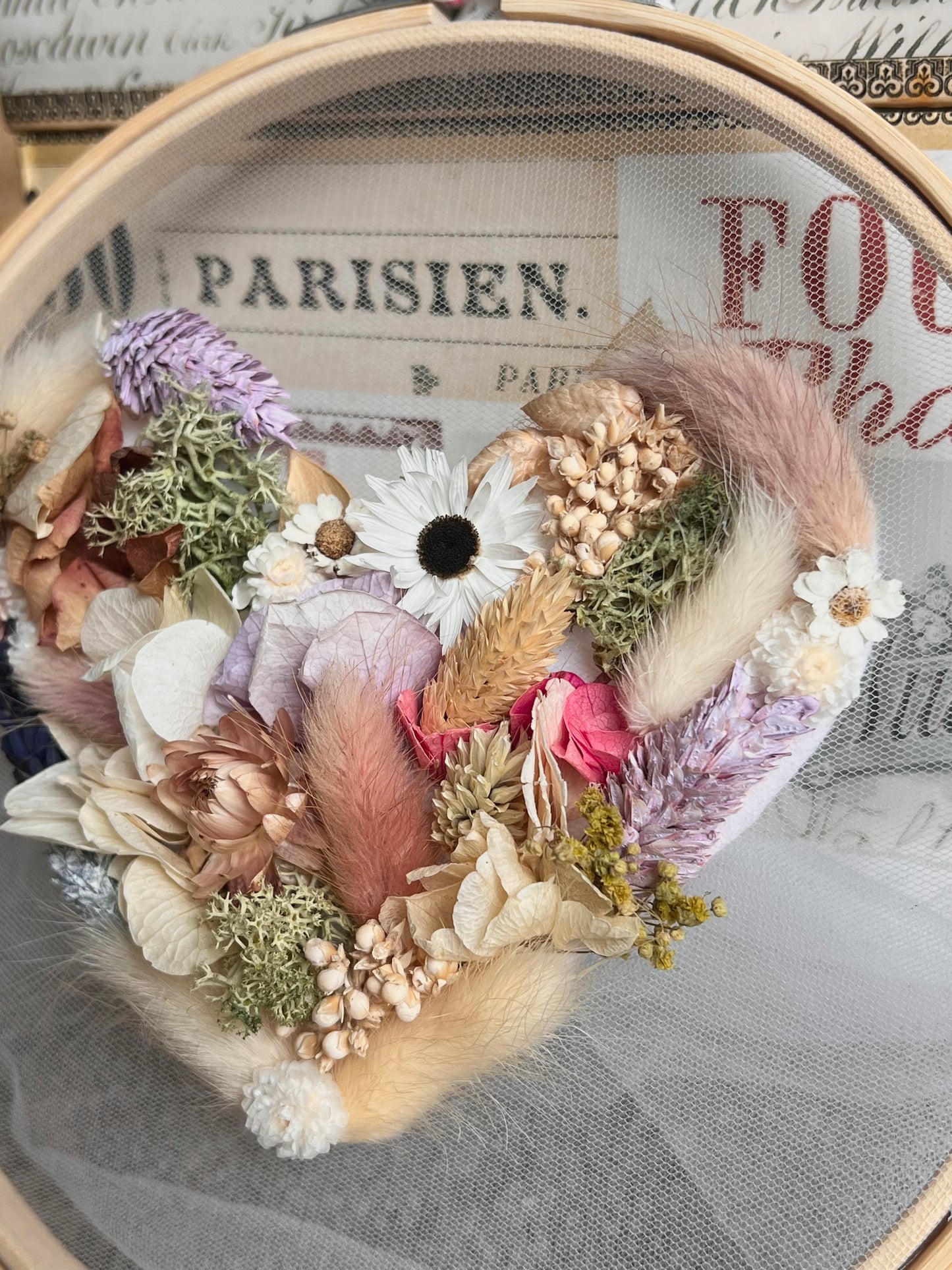 Dried Flower Wall Art Pink, Personalized Embroidery Botanical Art Hoop, Boho House Decor, Flowers on Tulle Heart, Mothers Day, Birthday Gift