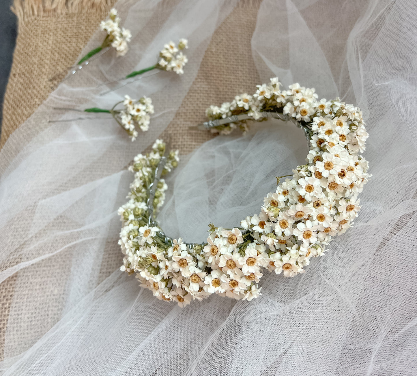 Dried Daisy Headband, White Daisy Floral Tiara, Dried Mini Daisy Flower Crown, Dried Flower Crown