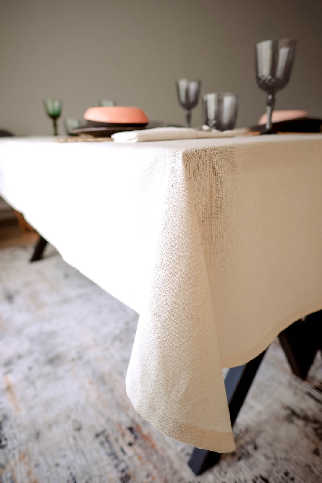 100% Pure Cotton Bohemian Dining Table Linen Table Cloth, Boho Style Plain Cream Pure Cotton Table Cover Tablecloth Linen Look Solid Beige
