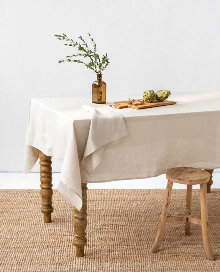 100% Pure Cotton Bohemian Dining Table Linen Table Cloth, Boho Style Plain Cream Pure Cotton Table Cover Tablecloth Linen Look Solid Beige