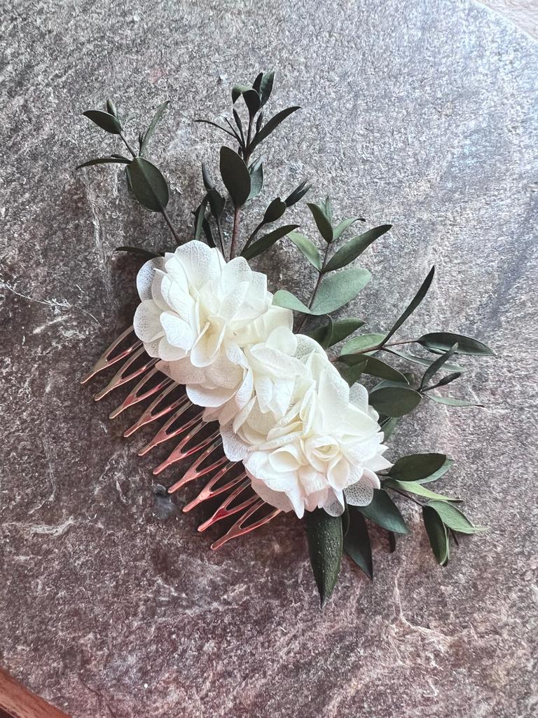 Bohemian Eucalyptus White and Green Wedding Comb, Bridal Flower Hair Piece, Preserved Dry Flower Comb Gold