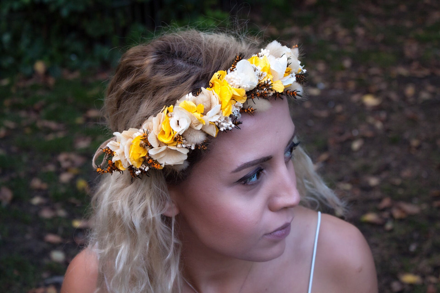 Rustic Wedding Dry Flower Hair Piece Yellow, Autumn Bridal Dried Flower Crown, Rustic Wedding Headpiece, Preserved Hydrangea UK, Bridal Set