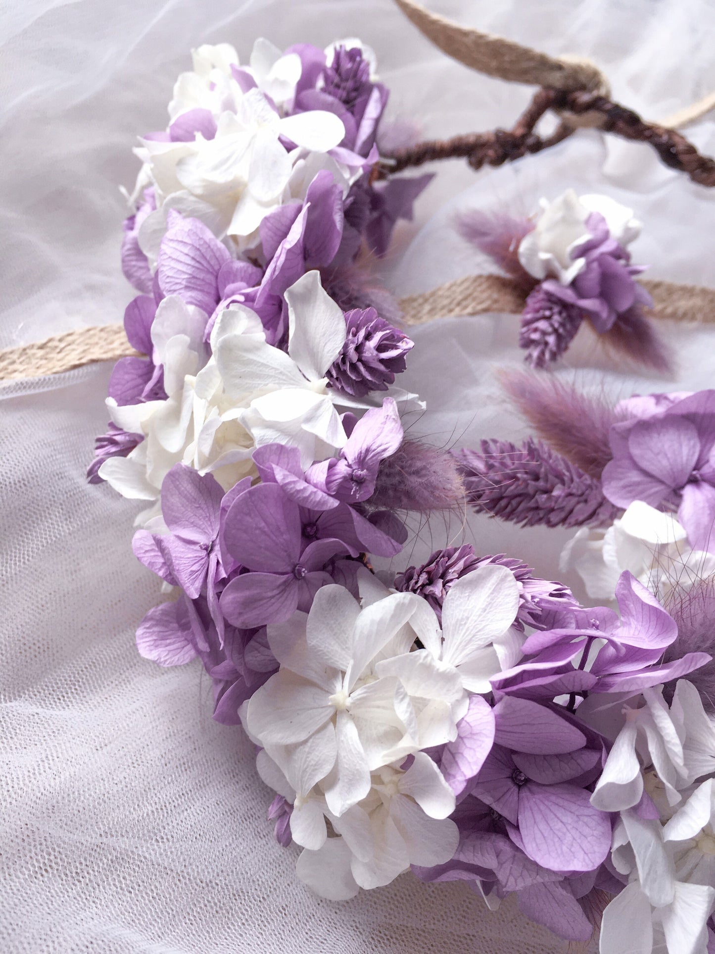Bridal Accessories Set, Lilac White Wedding Real Flower Crown Buttonhole and Wristlet Set, Dry Flower Girl Tiara, Purple Hair Piece UK
