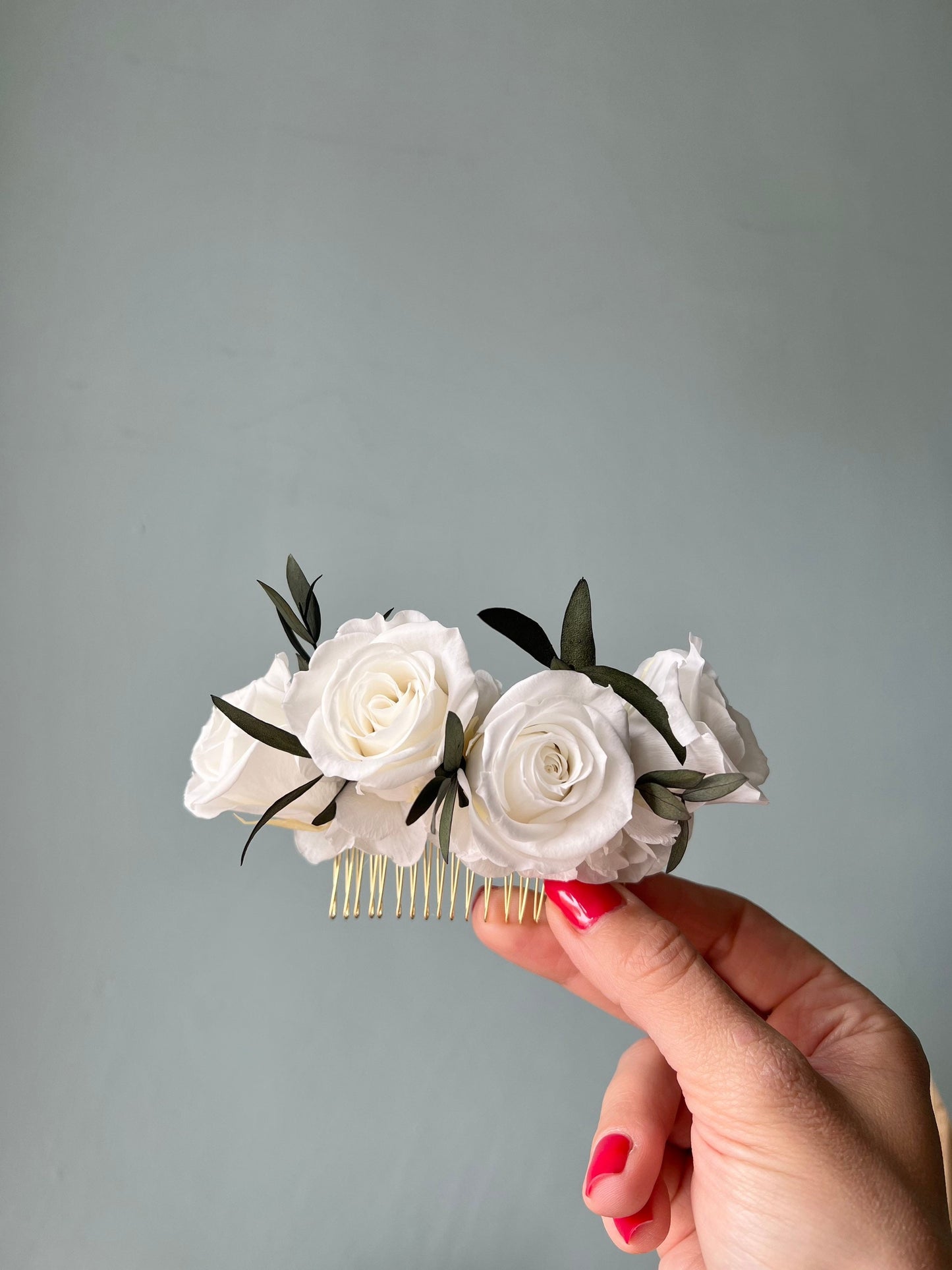 Boho White Rose And Eucalyptus Wedding Hair Comb, White and Green Olive Leaves Flower Comb, Rustic Bridal Wedding Accessories Silver Gold UK