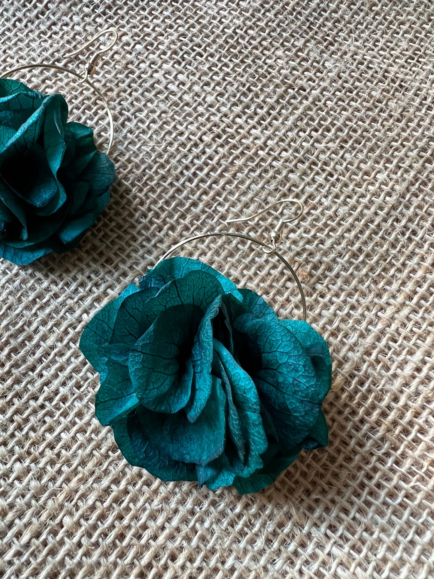 Emerald Green Gold Earrings Bridesmaids Gift, Bespoke Wedding Accessories, Real Flower Fine Jewellery UK, Flower Hoop Earrings Teal
