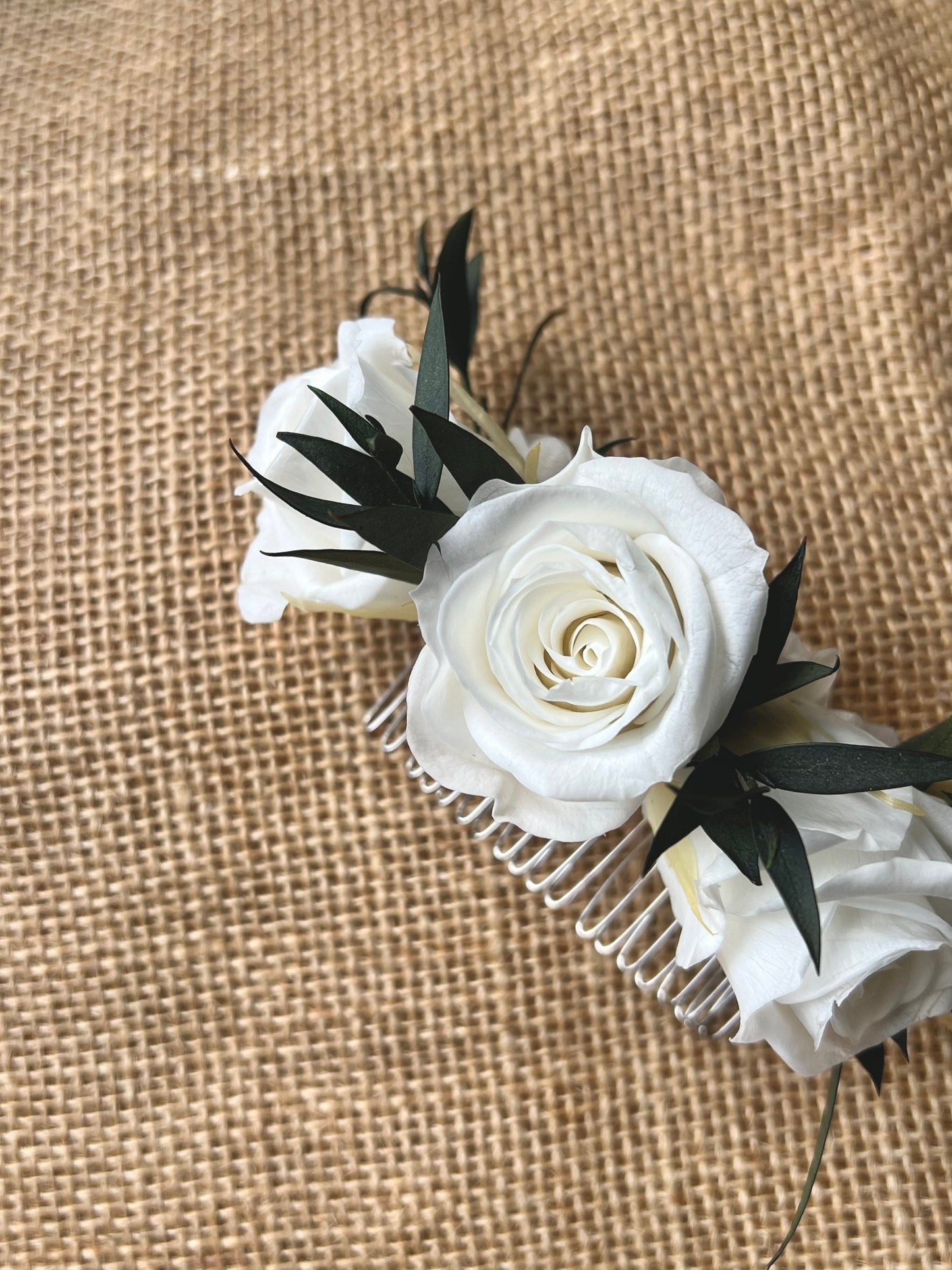 Boho White Rose And Eucalyptus Wedding Hair Comb, White and Green Olive Leaves Flower Comb, Rustic Bridal Wedding Accessories Silver Gold UK
