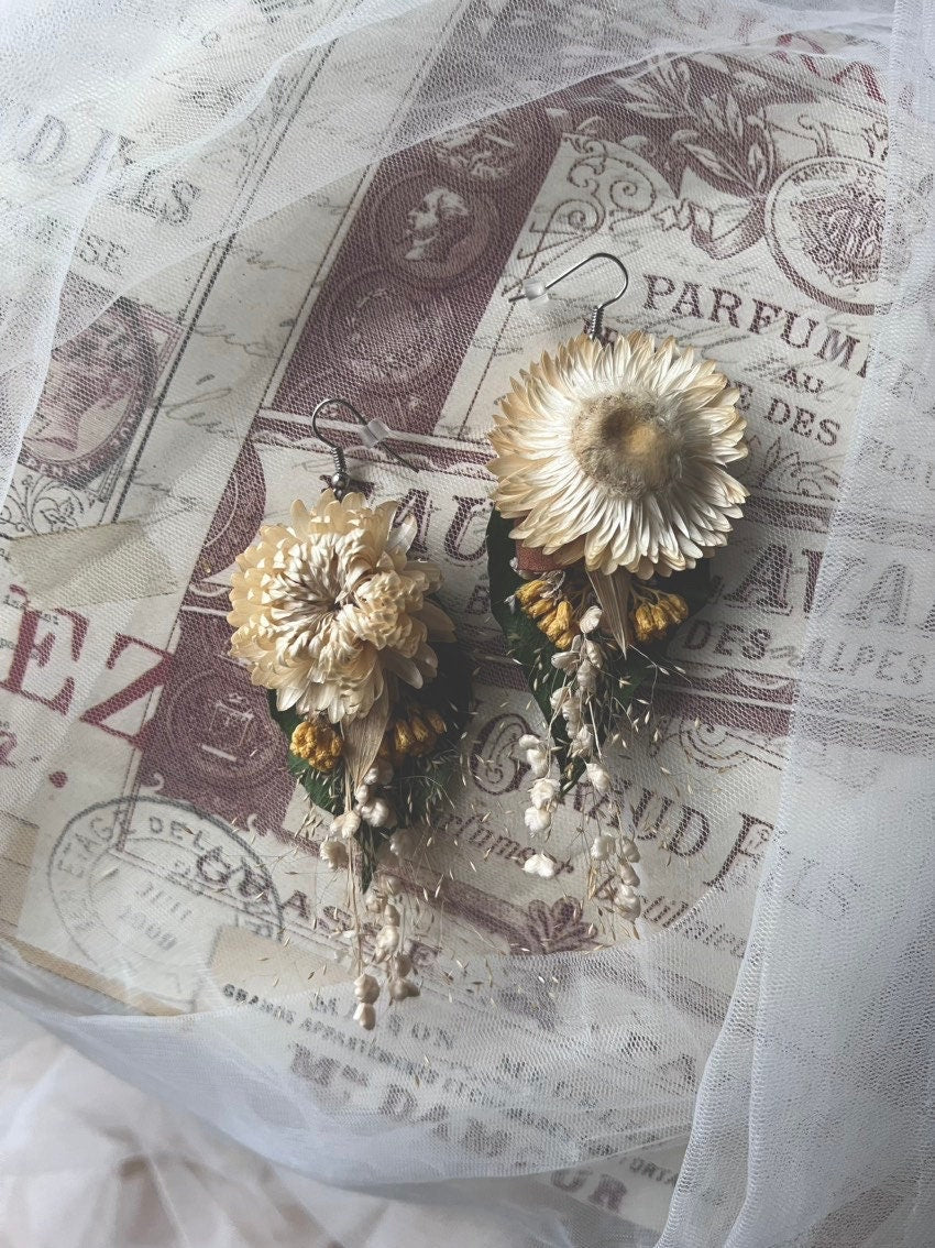Handmade Real Flower Earrings, Dried Flowers, Boho Wedding Bridal Accessories, Botanical Dry Flower Earrings, Birthday Gift for Her UK