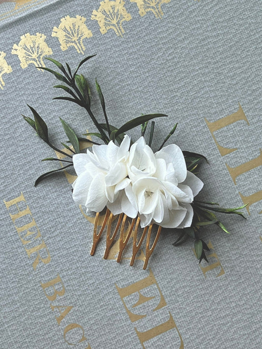 Bohemian Eucalyptus White and Green Wedding Comb, Bridal Flower Hair Piece, Preserved Dry Flower Comb Gold