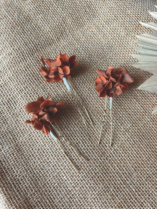 Terracotta Burnt Orange Dried Flower Hair Pins, Rustic Wedding Preserved Hydrangea Mini Head Piece, Boho Bridal Real Floral Hair Pins
