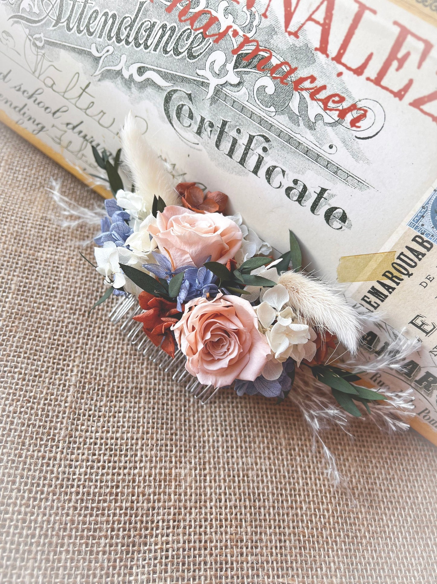 Boho Rustic Wedding Bridal Hair Piece, Dried Flower Rose Hair Comb, Everlasting Floral Headpiece Blue Peach Orange