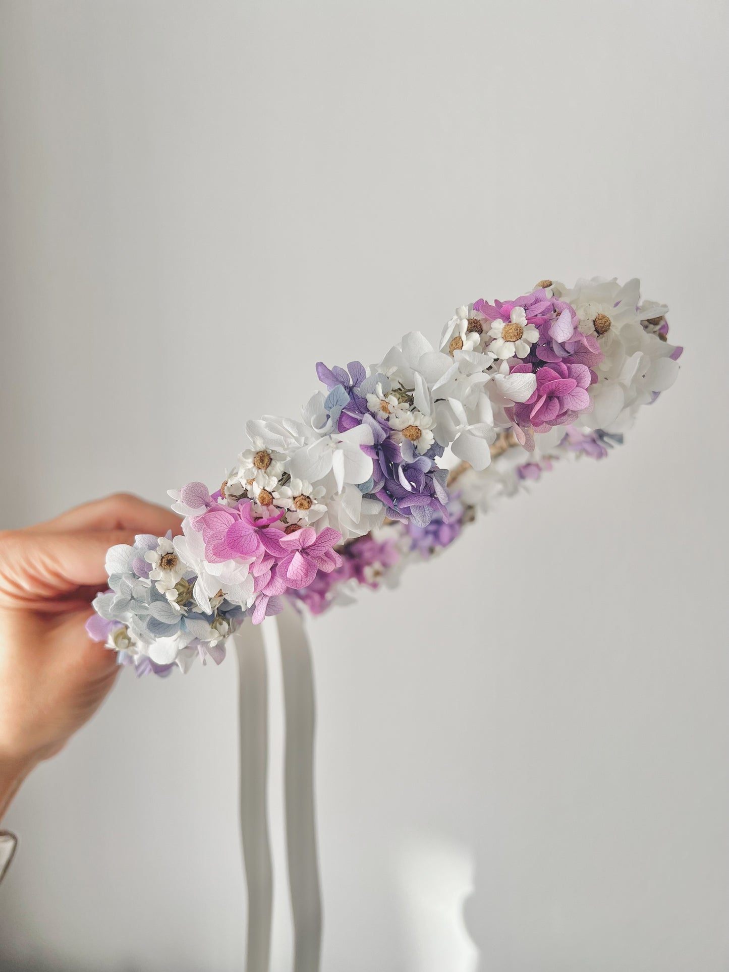 Pastel Colourful Flower Crown with Dried Daisy and Hydrangeas