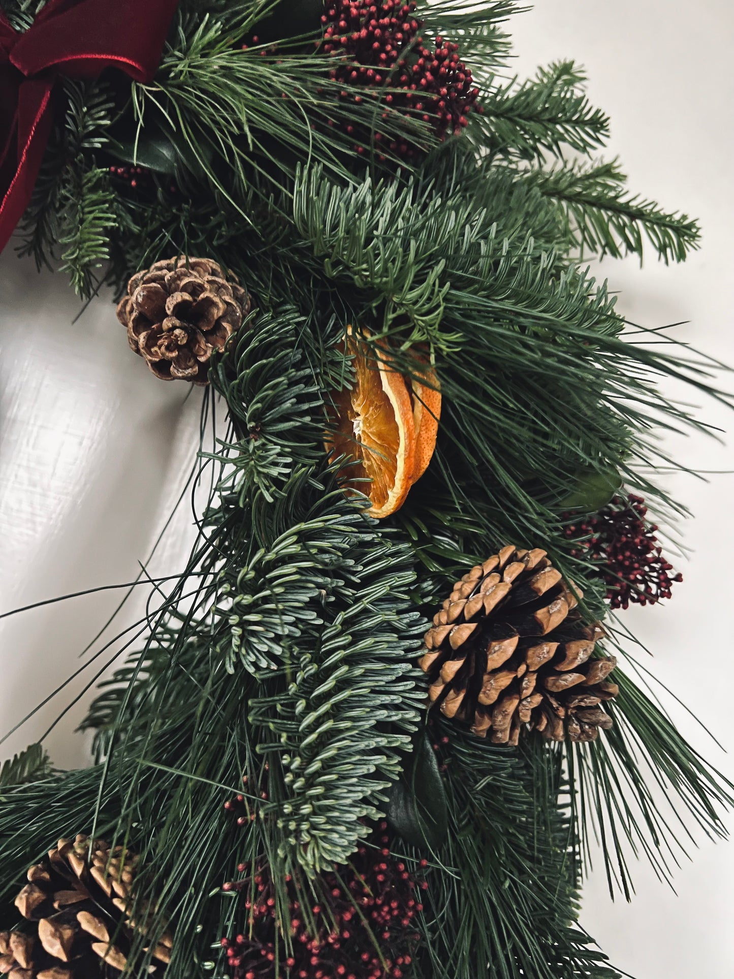 Large Christmas Wreath with Fresh Foliage Pinecones and Oranges, Burgundy Velvet Ribbon