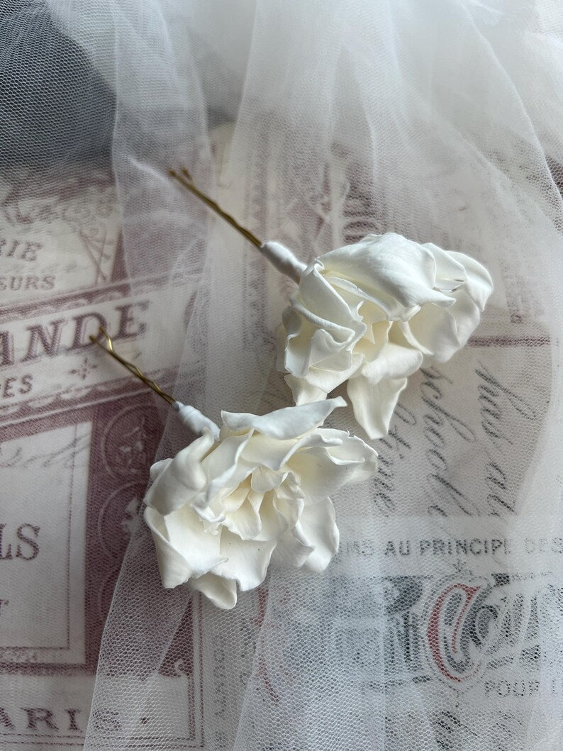 Preserved Gardenia Hair Pins - Bridal Floral Headpiece Set of 2