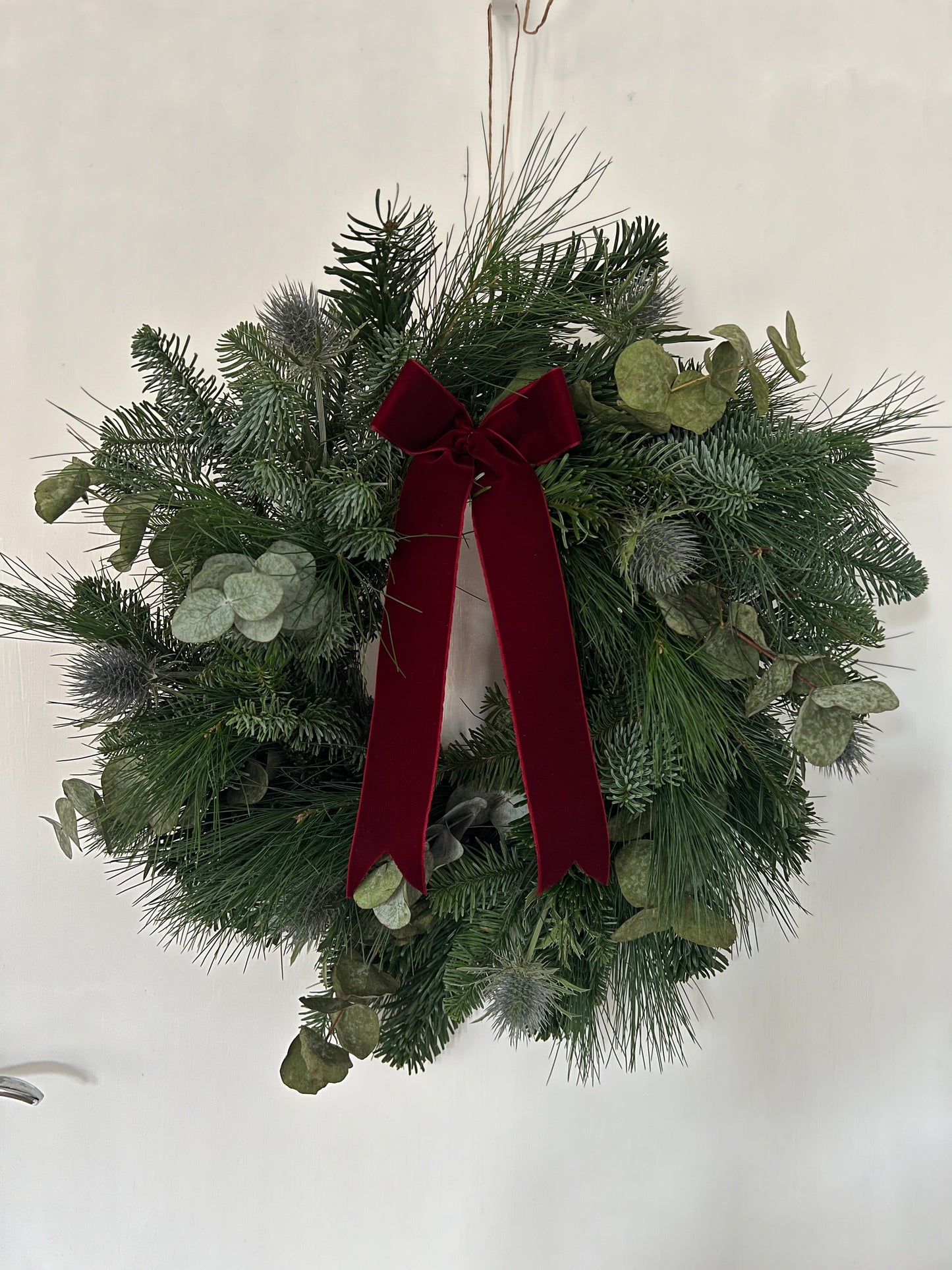 Woodland Christmas Wreath with Thistle, Eucalyptus and Burgundy Velvet Ribbon 50cm