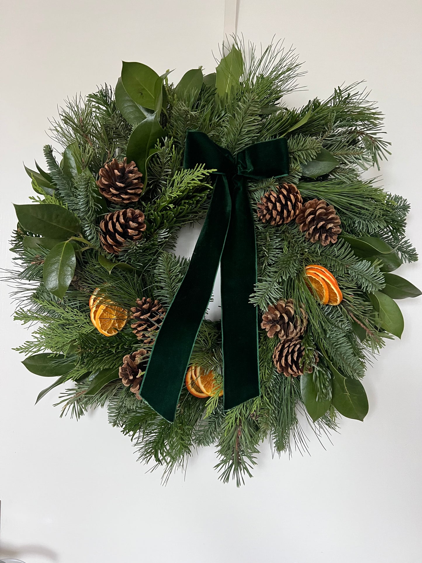 Large Fresh Christmas Wreath Natural with Pinecones and Oranges and Velvet Ribbon 20”