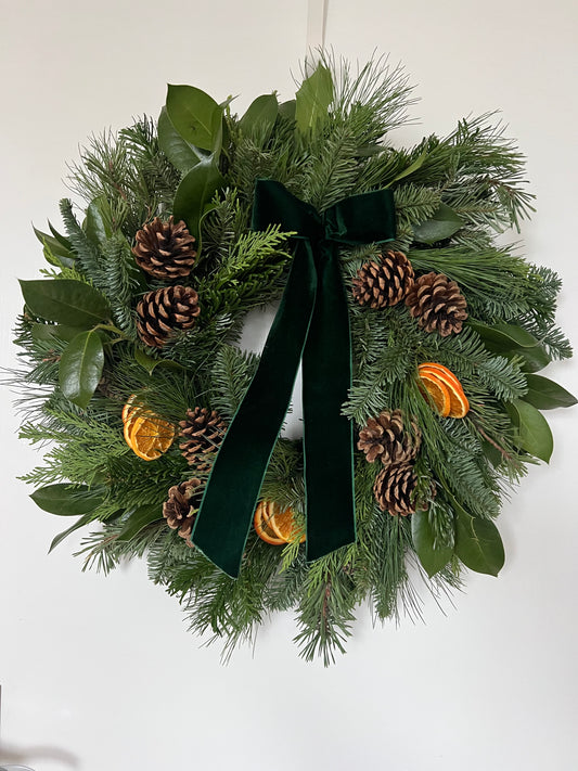 Large Fresh Christmas Wreath Natural with Pinecones and Oranges and Velvet Ribbon 20”