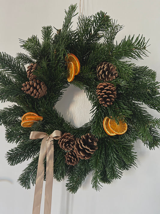 Large Christmas Wreath with Fresh Foliage Pinecones and Oranges