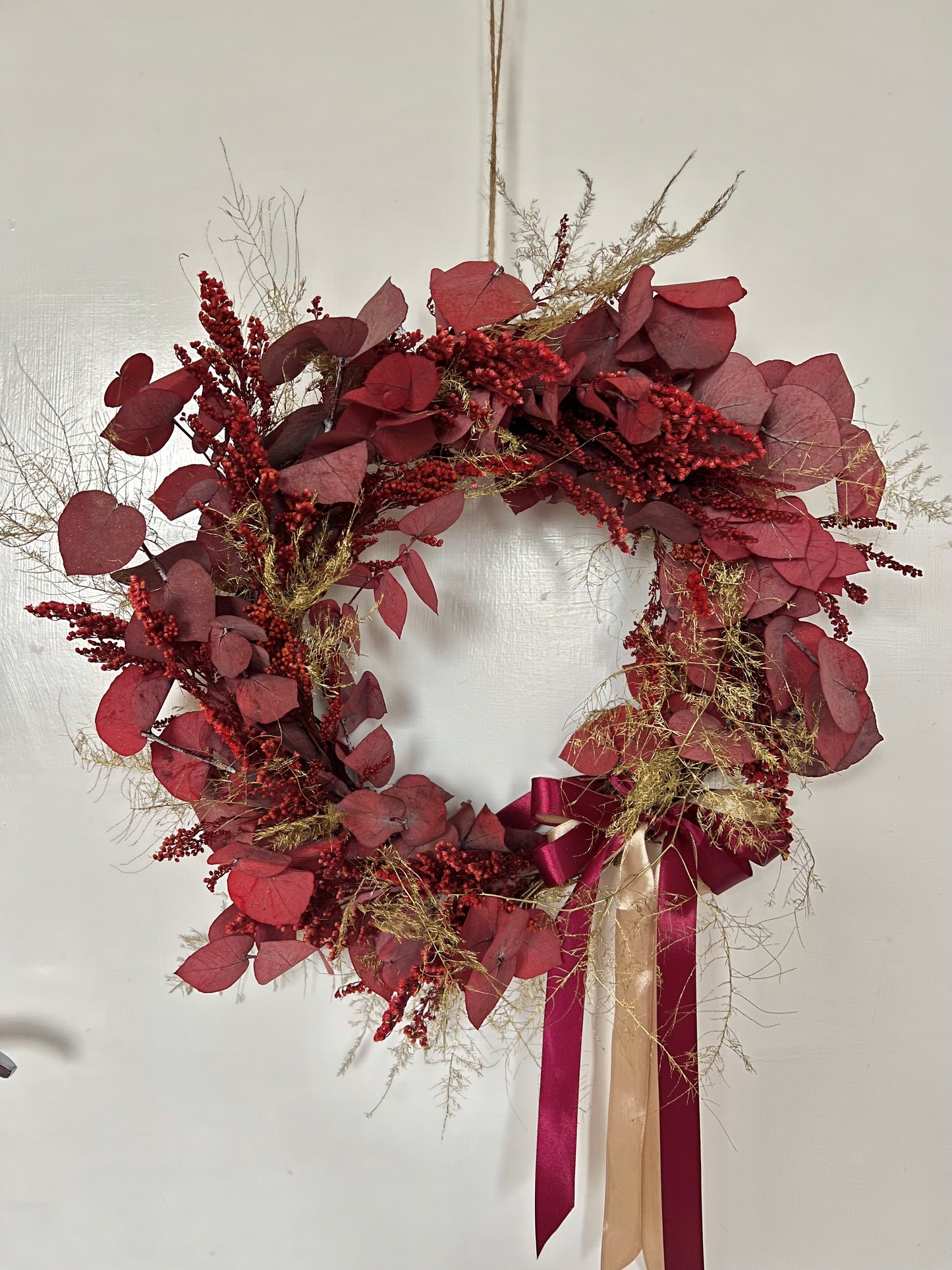 Burgundy Red Christmas Wreath, Modern Eucalyptus And Fern Door Wreath with Gold