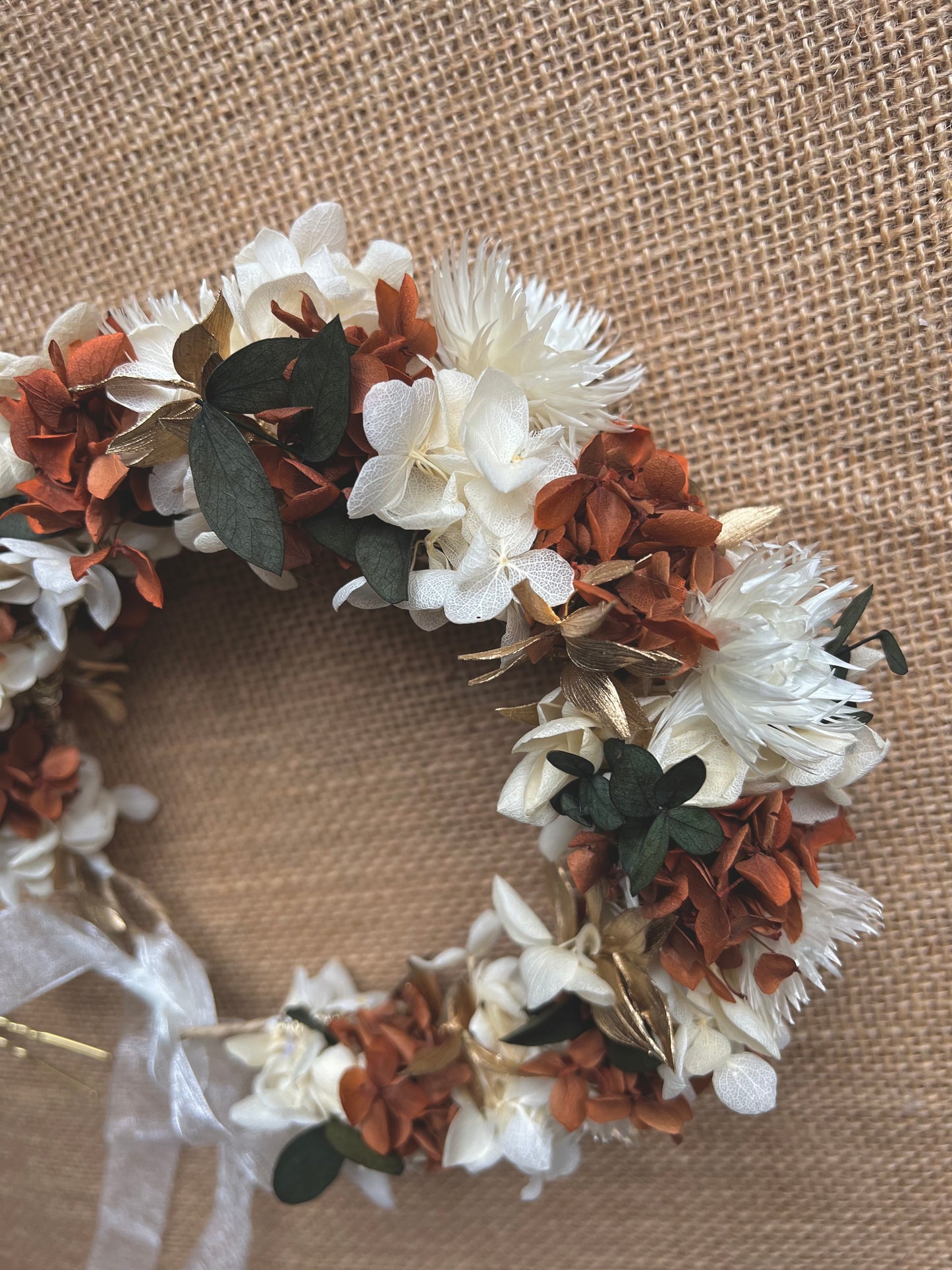 Autumnal Boho Dried Flower Crown Burnt Orange Terracotta Gold Ivory Bridal Floral Headband, Rustic Floral Hair Accessories Set Floral Comb