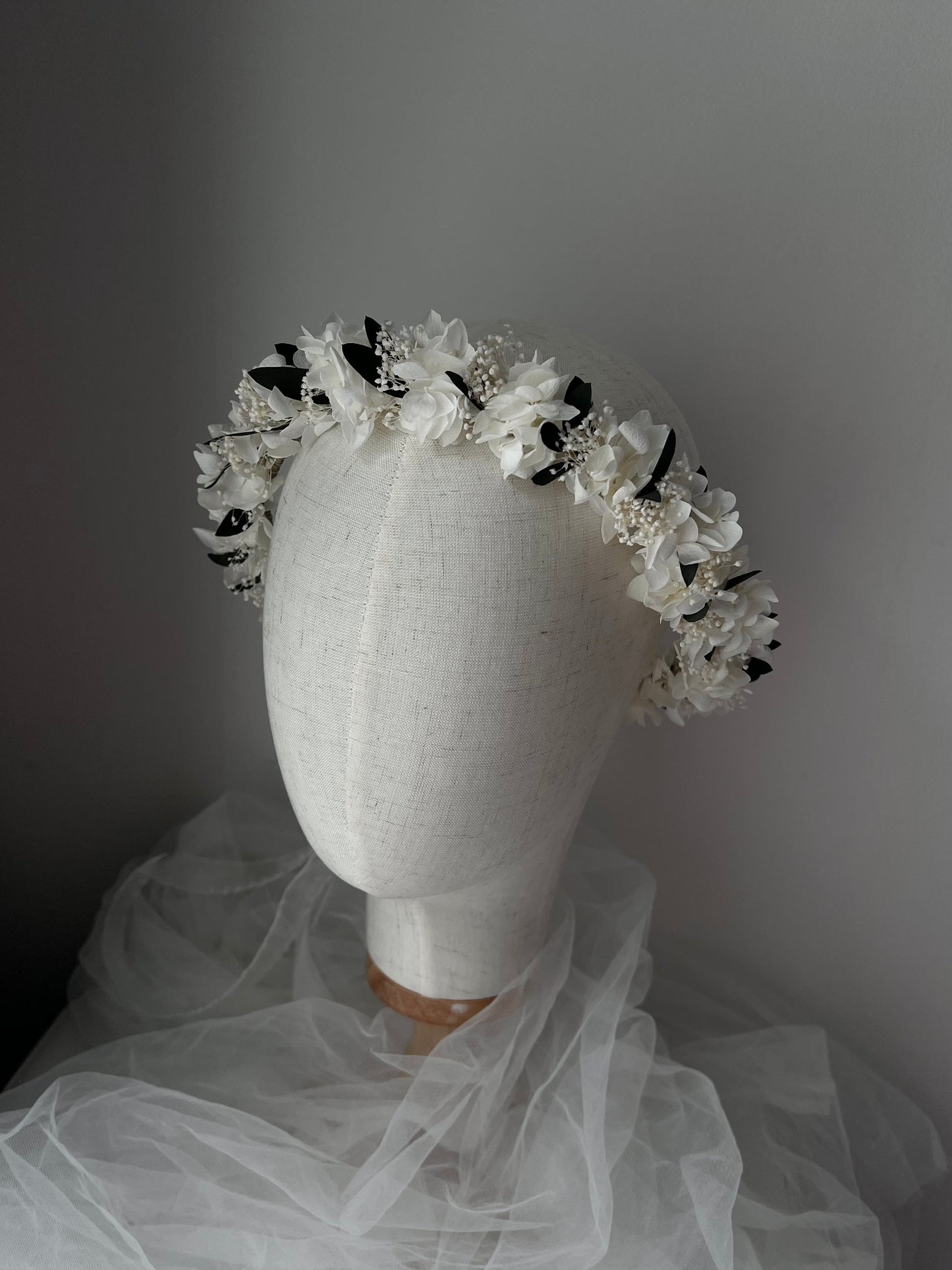 White Flower Crown with Preserved Hydrangeas, Babys Breath and Eucalyptus Leaves