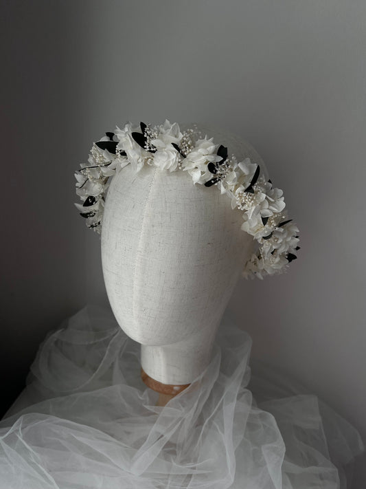White Flower Crown with Preserved Hydrangeas, Babys Breath and Eucalyptus Leaves