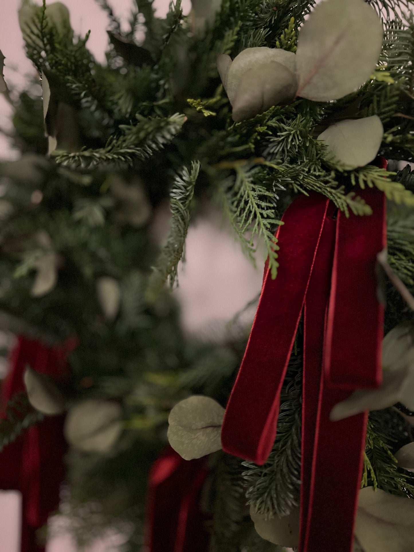 Woodland Christmas Wreath with Eucalyptus and Burgundy Velvet Ribbons