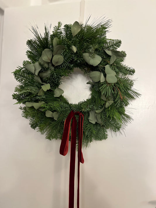 Fresh Christmas Wreath with Eucalyptus and Burgundy Velvet Ribbon, 45cm aprx