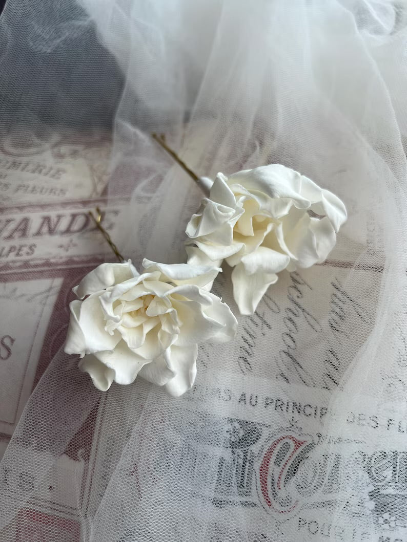 Preserved Gardenia Hair Pins - Bridal Floral Headpiece Set of 2