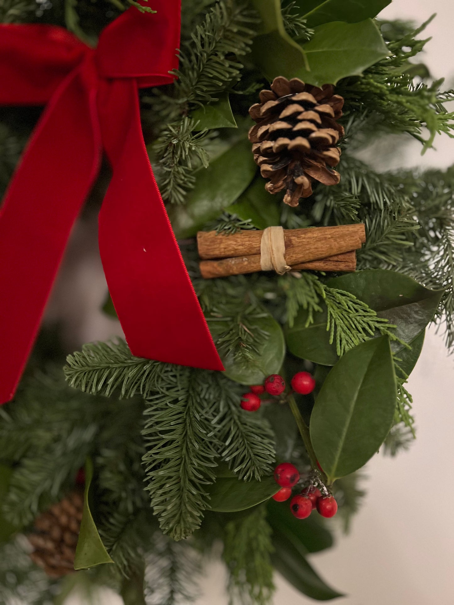 Fresh Christmas wreath with velvet red ribbon 45cm