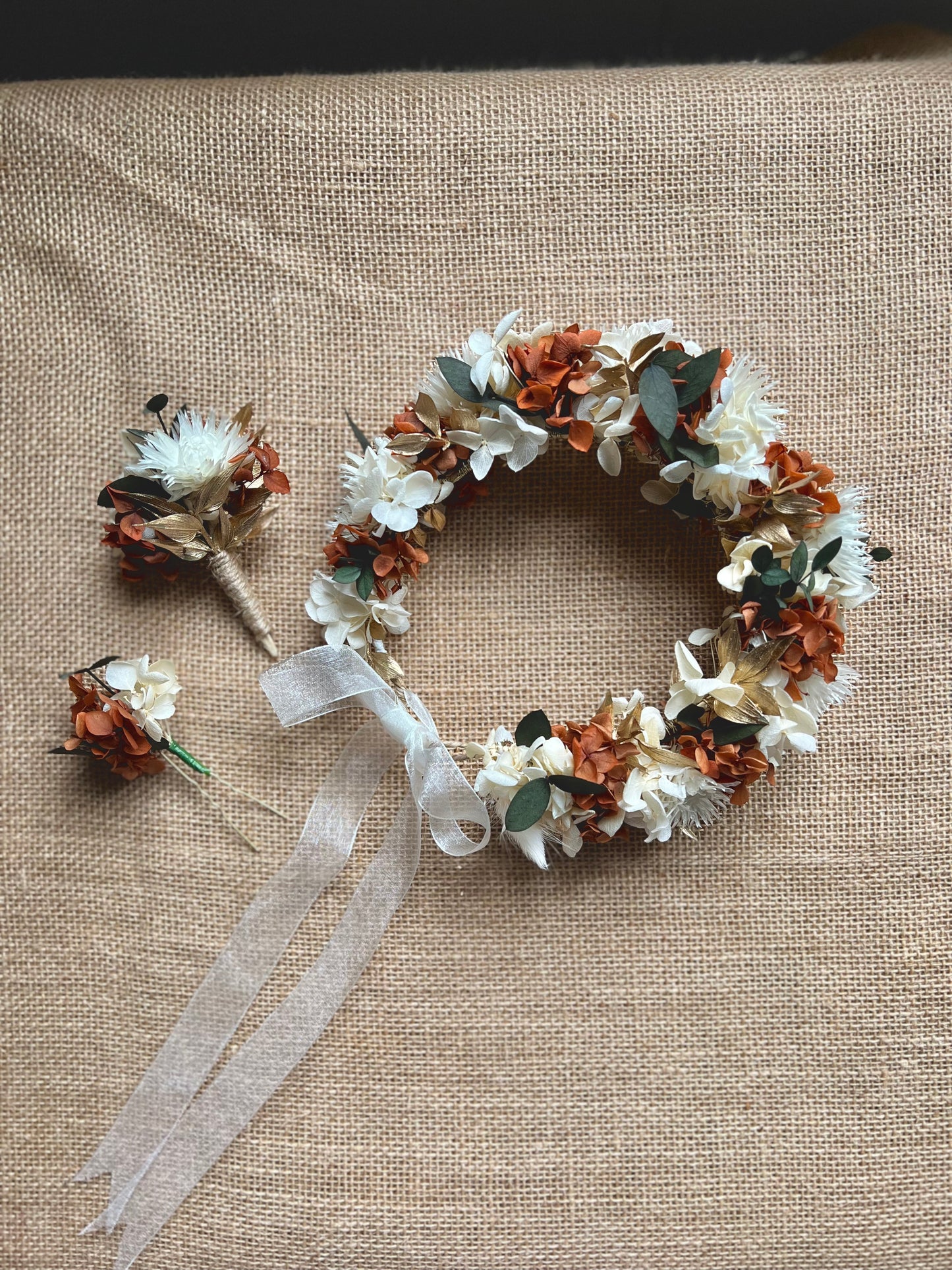 Autumnal Boho Dried Flower Crown Burnt Orange Terracotta Gold Ivory Bridal Floral Headband, Rustic Floral Hair Accessories Set Floral Comb