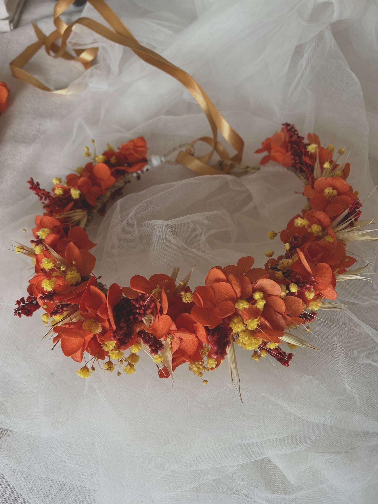 Orange Dried Flower Crown, Autumnal Floral Headband, Bright Colourful Floral Hair Wreath For Wedding