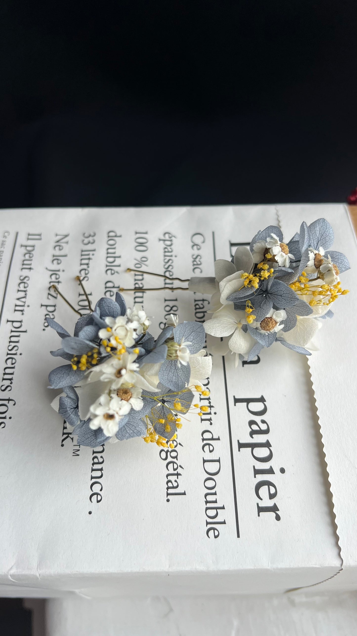 Dusty Blue Wedding, Hydrangea Hair Pins with Yellow Gypsophila and Dried Daisies