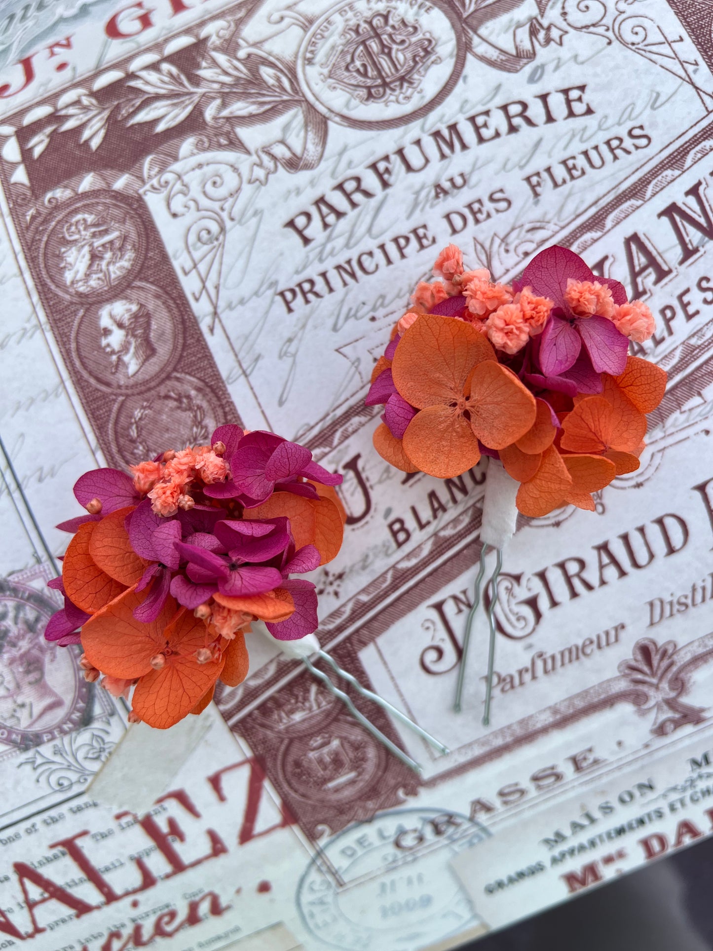 Orange and Fuchsia Floral Hair Pins for Wedding Guests, Bridal Headpiece with Preserved Hydrangeas and Gypsophilas