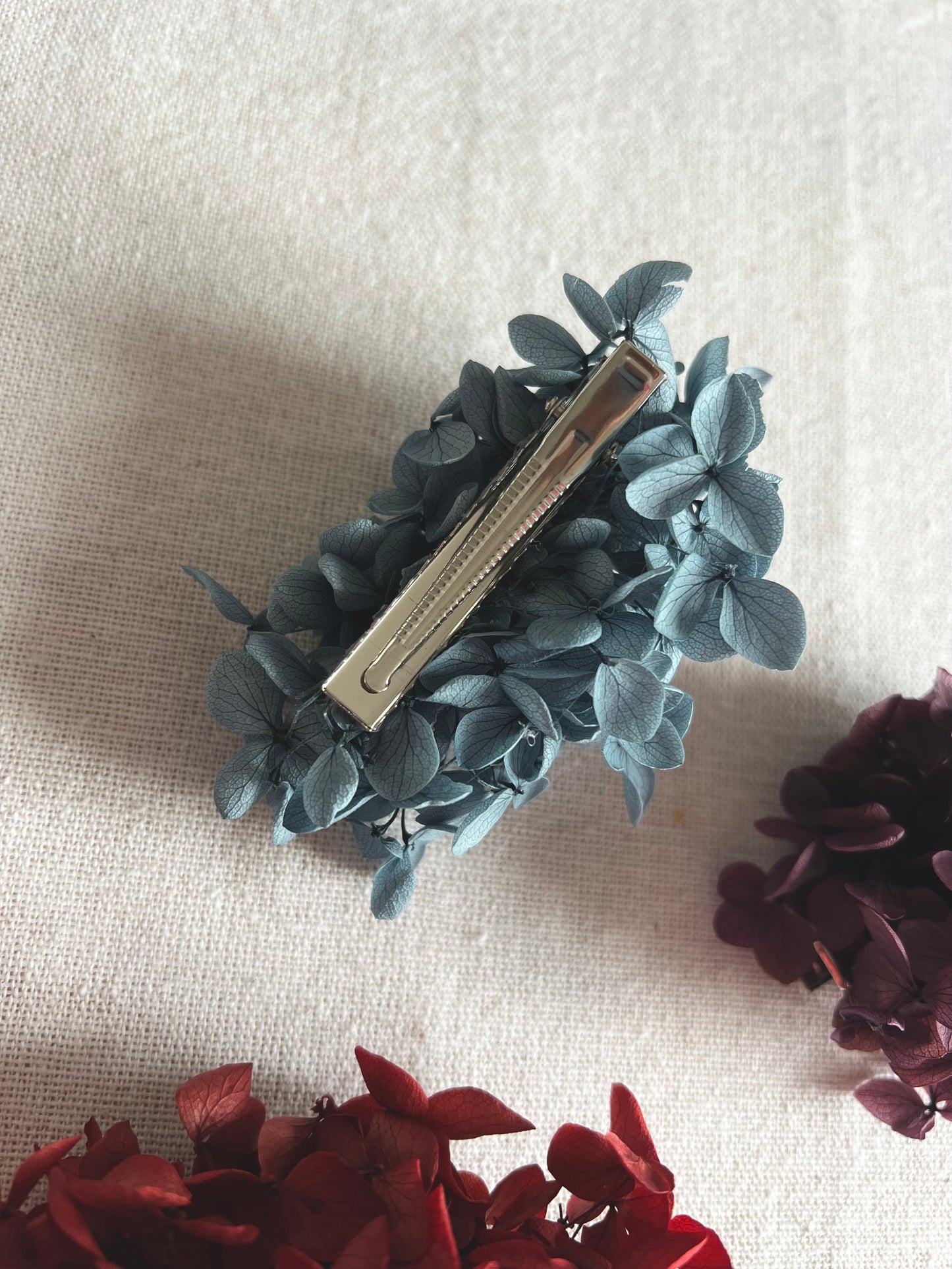 Colourful Floral Hair Clips, Hydrangea Hair Clip in Burgundy, Red and Muted Blue