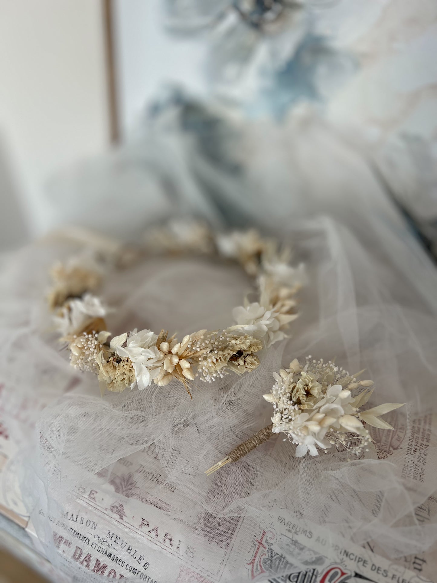 Boho Wedding Dried Flower Crown, Wild Meadow Floral Headpiece Adult for Brides, Bridal Hair Accessories with Corsage Flowers