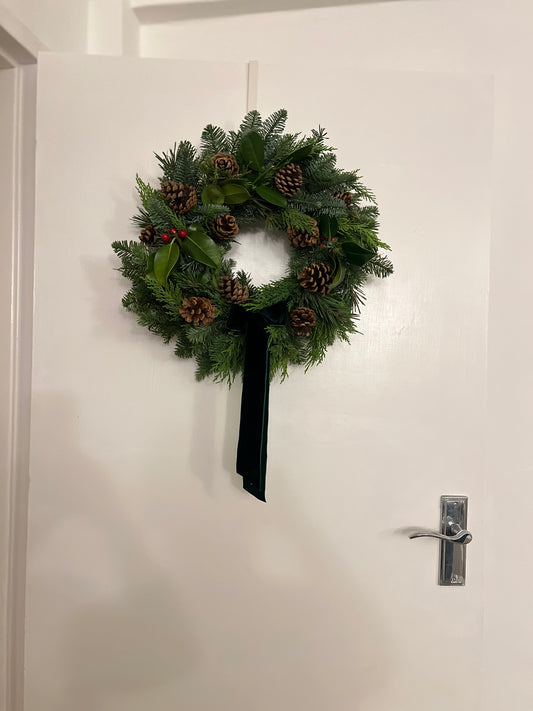 Fresh Christmas Wreath with Holly Red Berries and Pinecones, Green Velvet Ribbon, 45cm