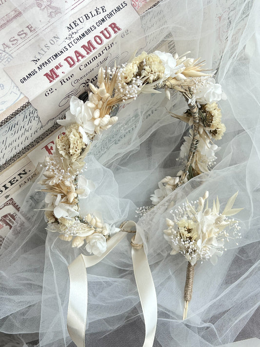 Boho Wedding Dried Flower Crown, Wild Meadow Floral Headpiece Adult for Brides, Bridal Hair Accessories with Corsage Flowers