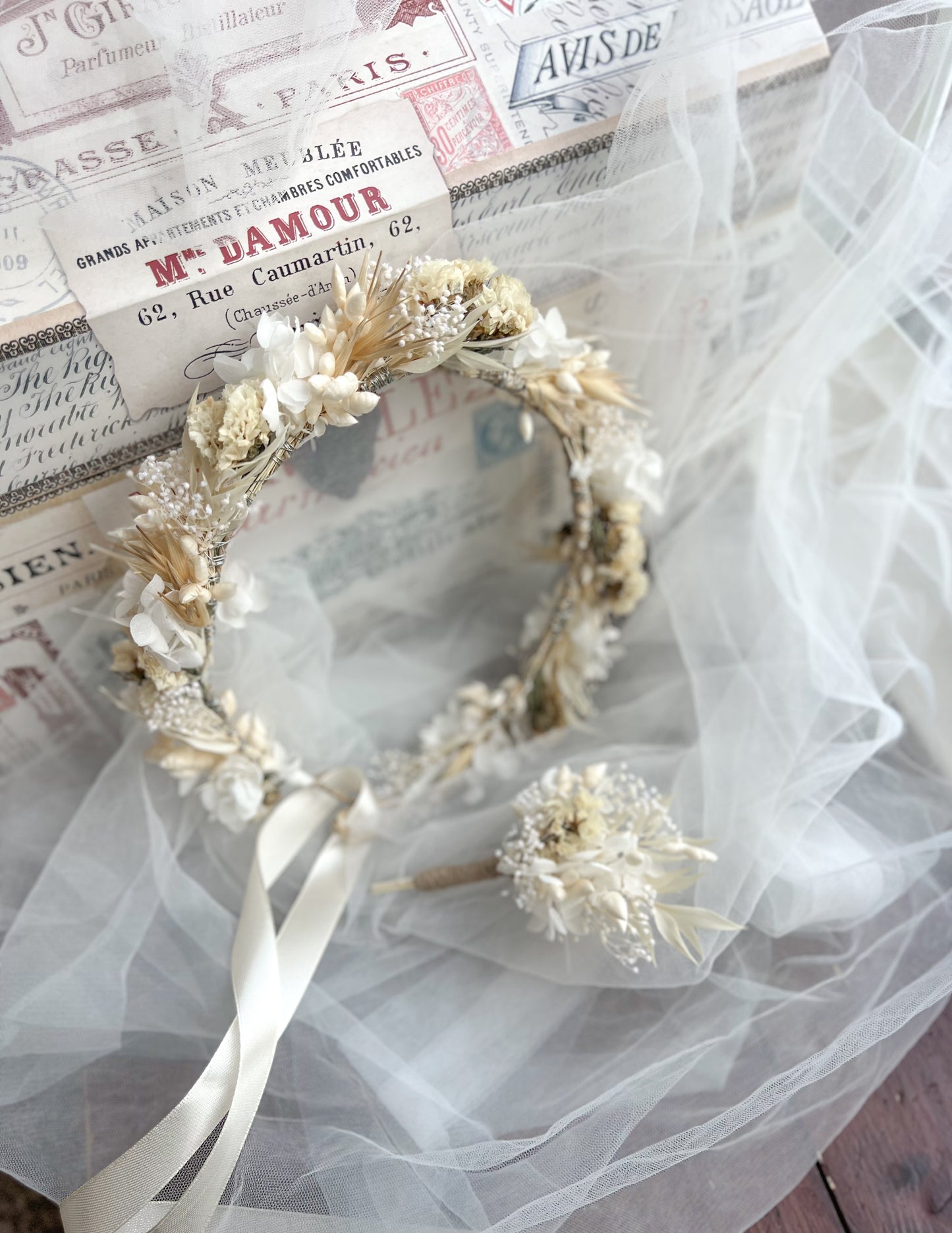 Boho Wedding Dried Flower Crown, Wild Meadow Floral Headpiece Adult for Brides, Bridal Hair Accessories with Corsage Flowers