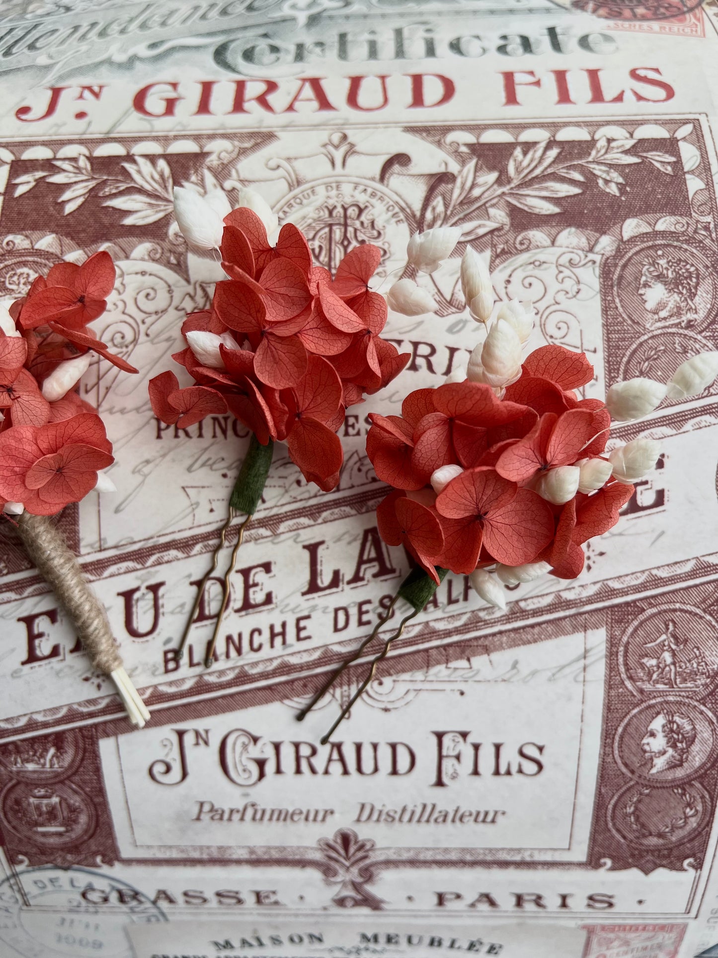 Coral Orange Dried Flower Hair Pins and Boutonniere with Preserved Hydrangeas