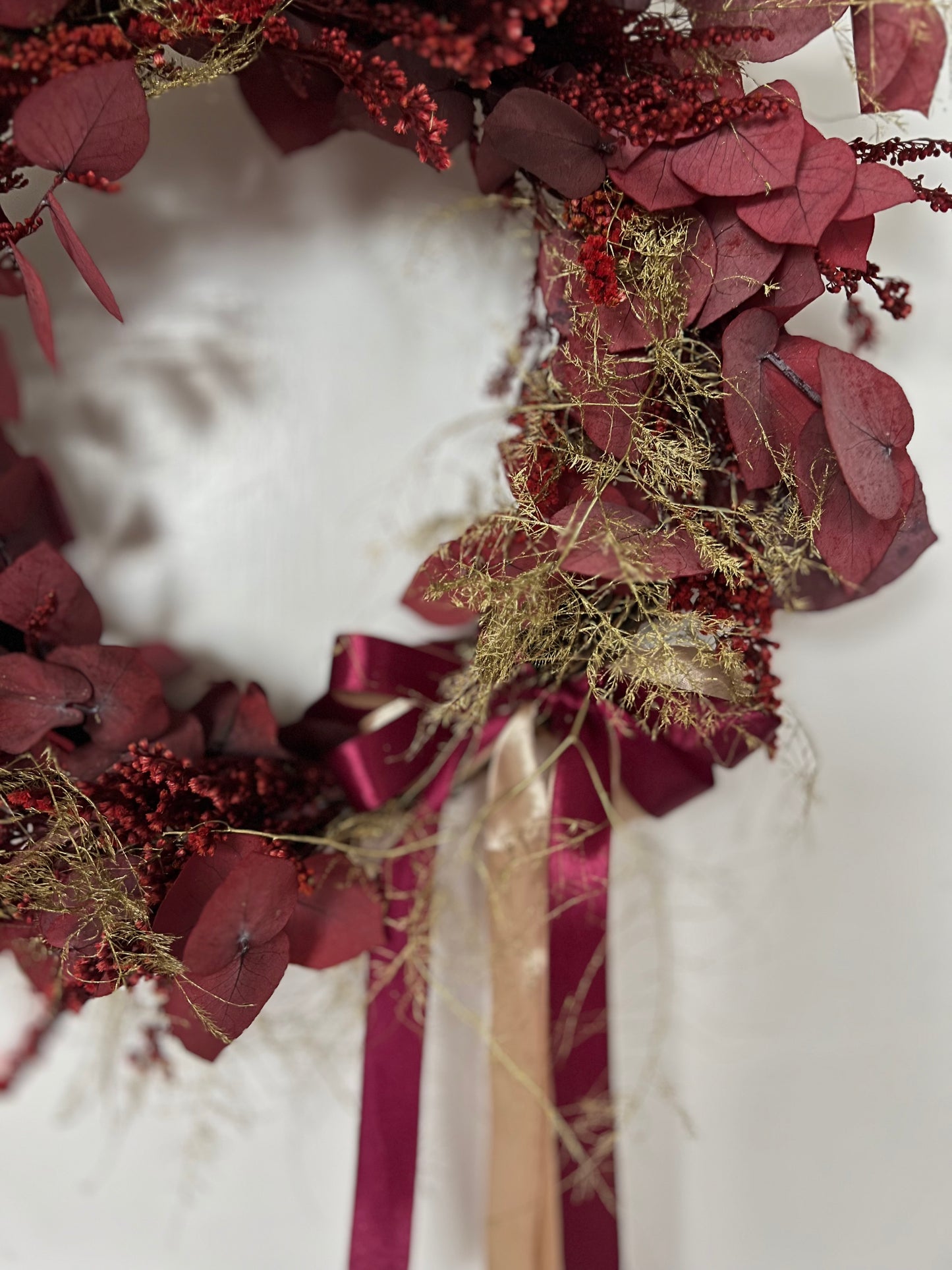 Burgundy Red Christmas Wreath, Modern Eucalyptus And Fern Door Wreath with Gold