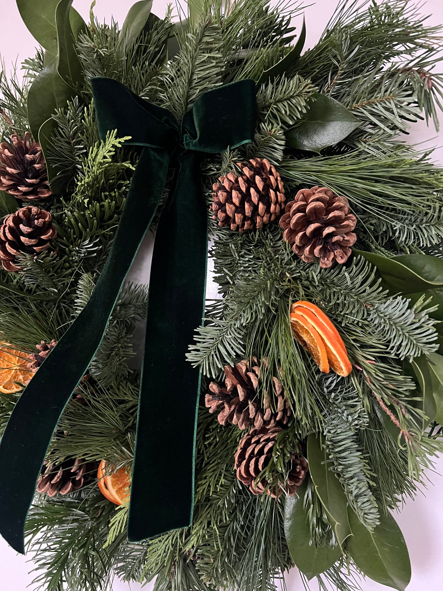 Large Fresh Christmas Wreath Natural with Pinecones and Oranges and Velvet Ribbon 20”