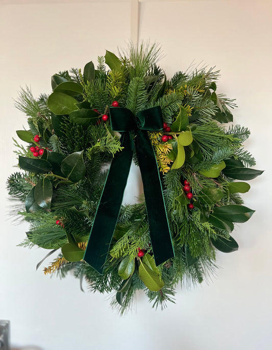 Fresh Christmas Wreath Woodland with Holly Red Berries and Velvet Ribbon