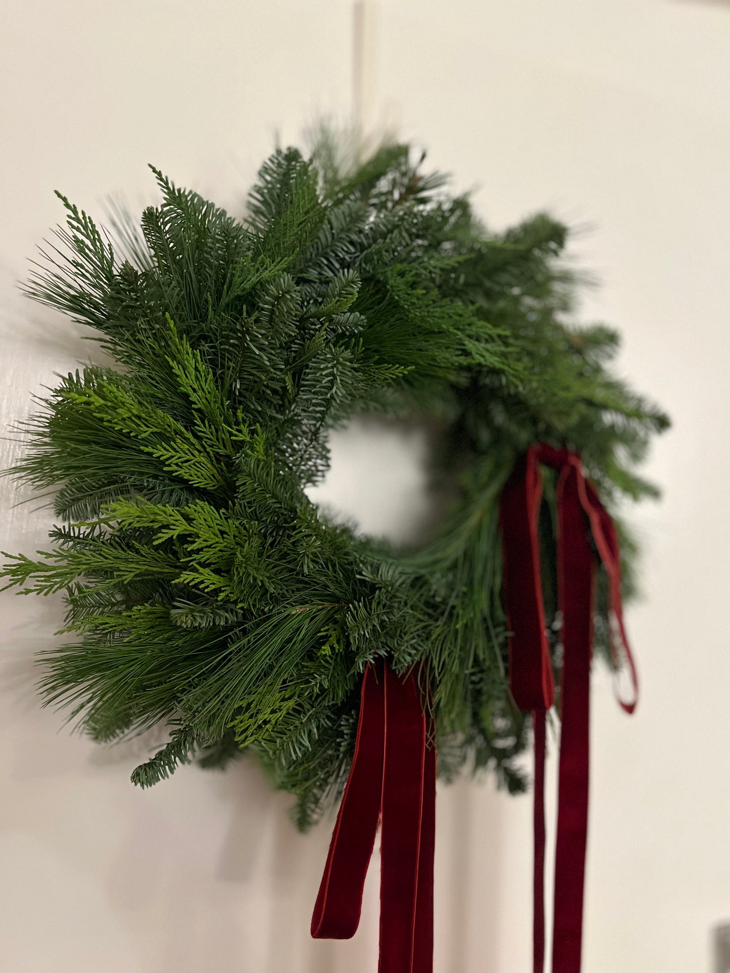 Fresh Modern Christmas Wreath with Velvet Burgundy Ribbons